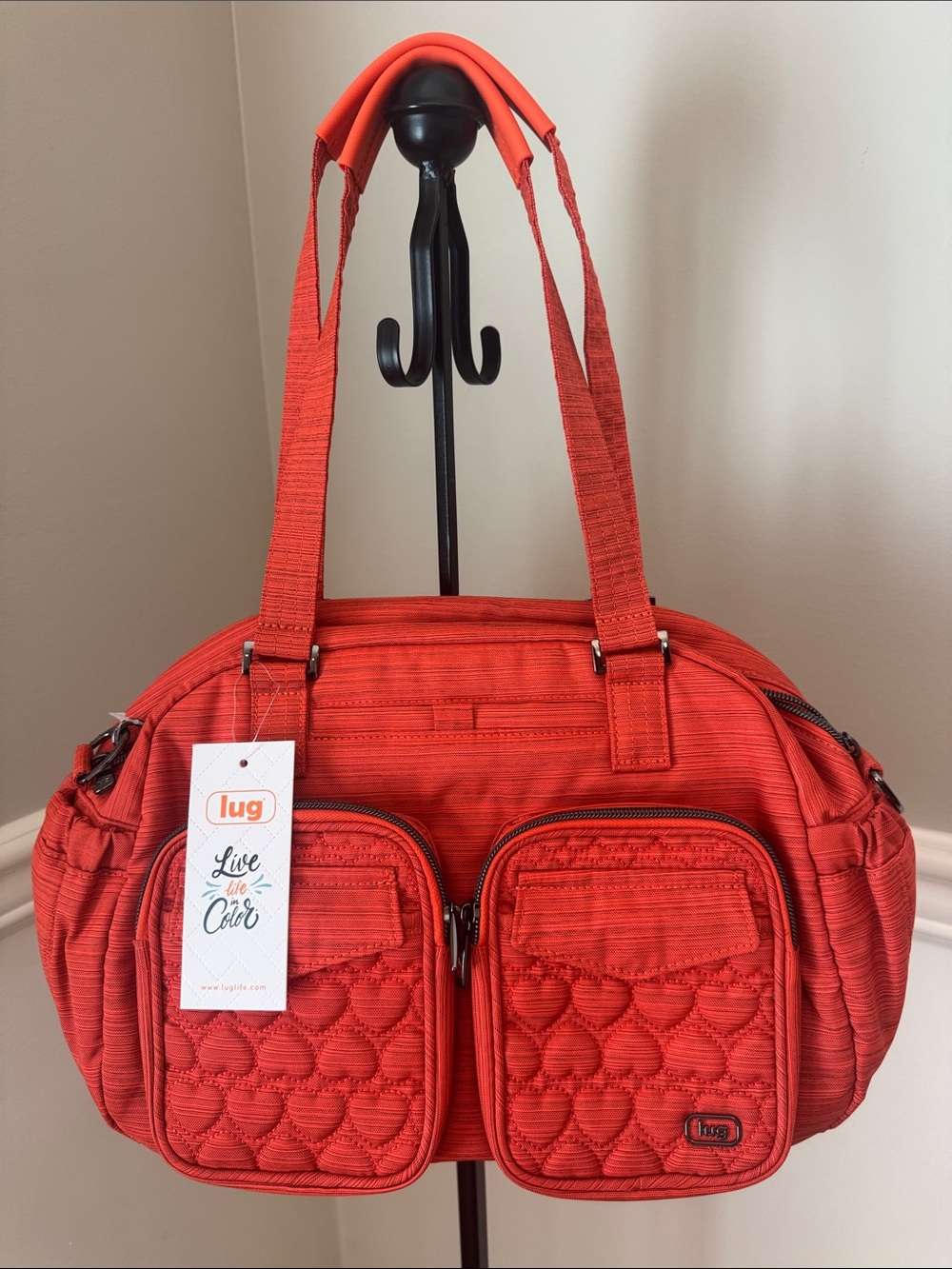 Rare lug puddle jumper carry-all tote in brushed papaya w/adjustable crossbody